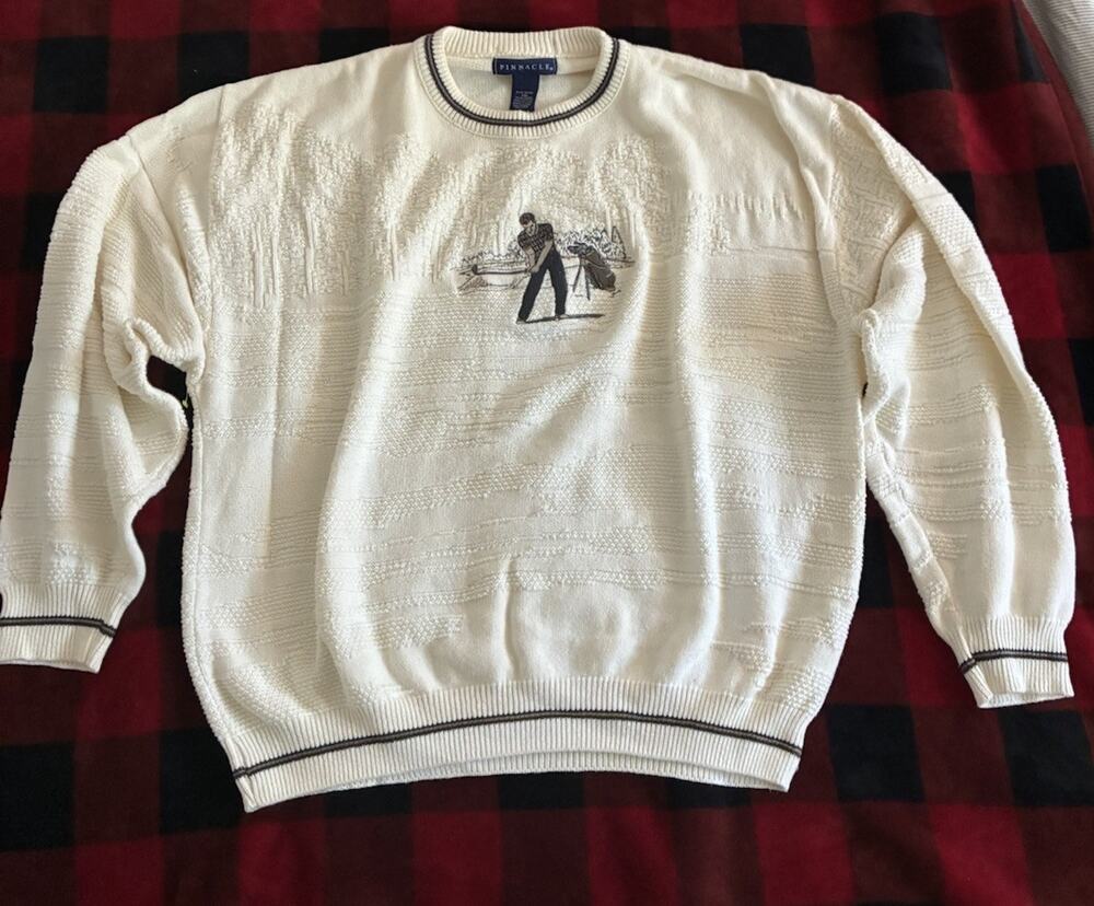 Pinnacle Men 2XL White Cotton Knit Crew Neck Sleeve Golf PulloverSweater vintage
